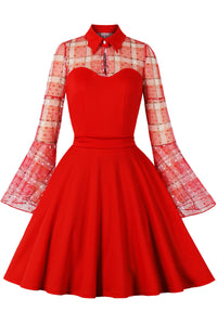 Red Dotted Plaid Bell Sleeves A-line Vintage Dress