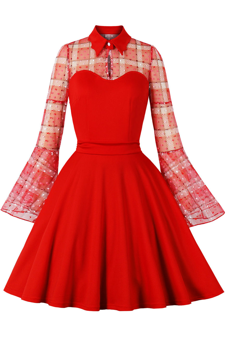Red Dotted Plaid Bell Sleeves A-line Vintage Dress – Dreamdressy