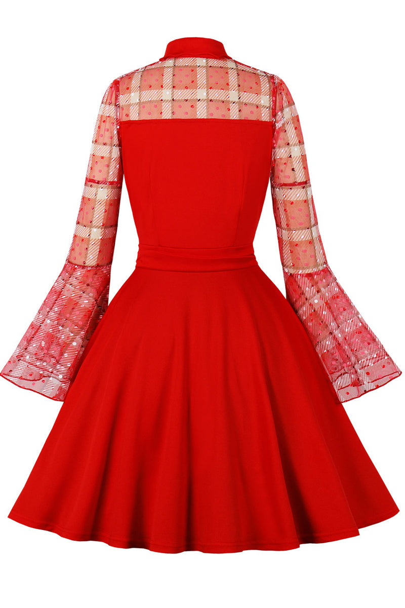 Red Dotted Plaid Bell Sleeves A-line Vintage Dress