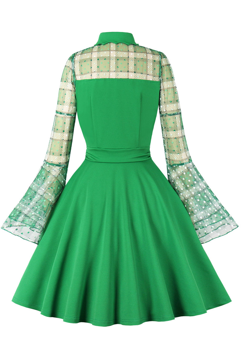 Green Dotted Plaid Bell Sleeves A-line Vintage Dress