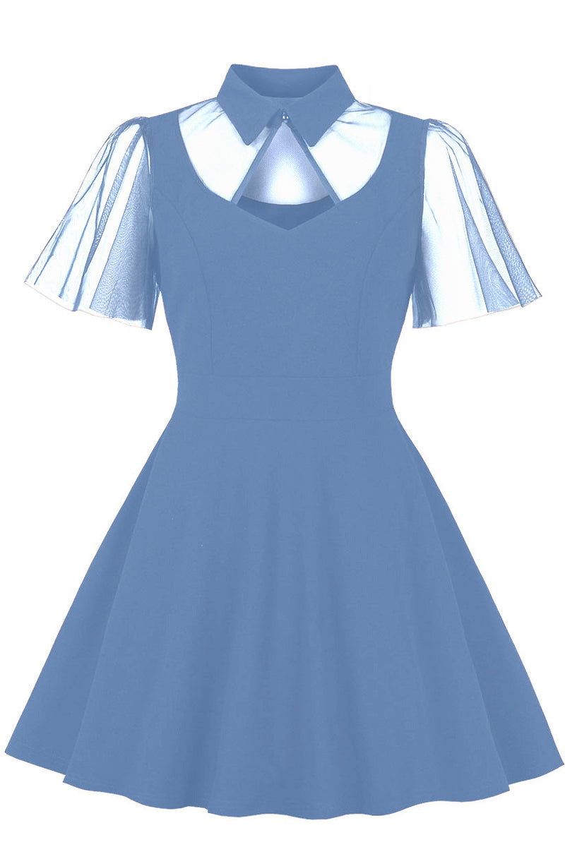 Blue Flaunt Sleeves Short Collar A-line Vintage Dress