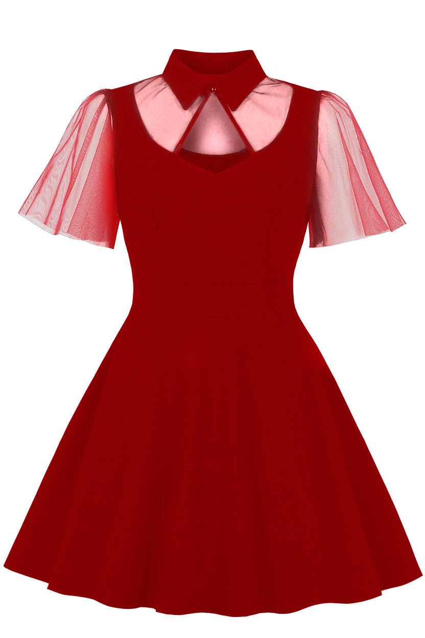 Red Flaunt Sleeves Short Collar A-line Vintage Dress