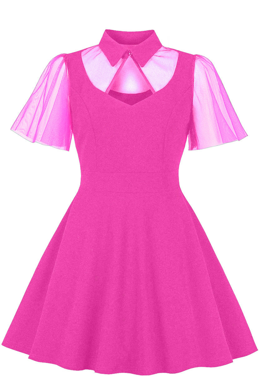 Rose Pink Flaunt Sleeves Short Collar A-line Vintage Dress