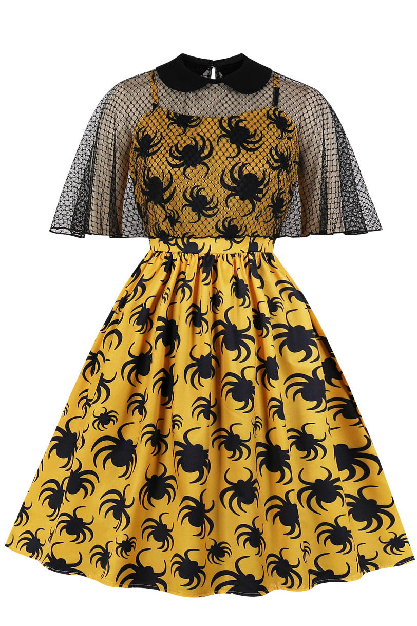 Yellow Cape Collar A-line Spider Prints Vintage Dress