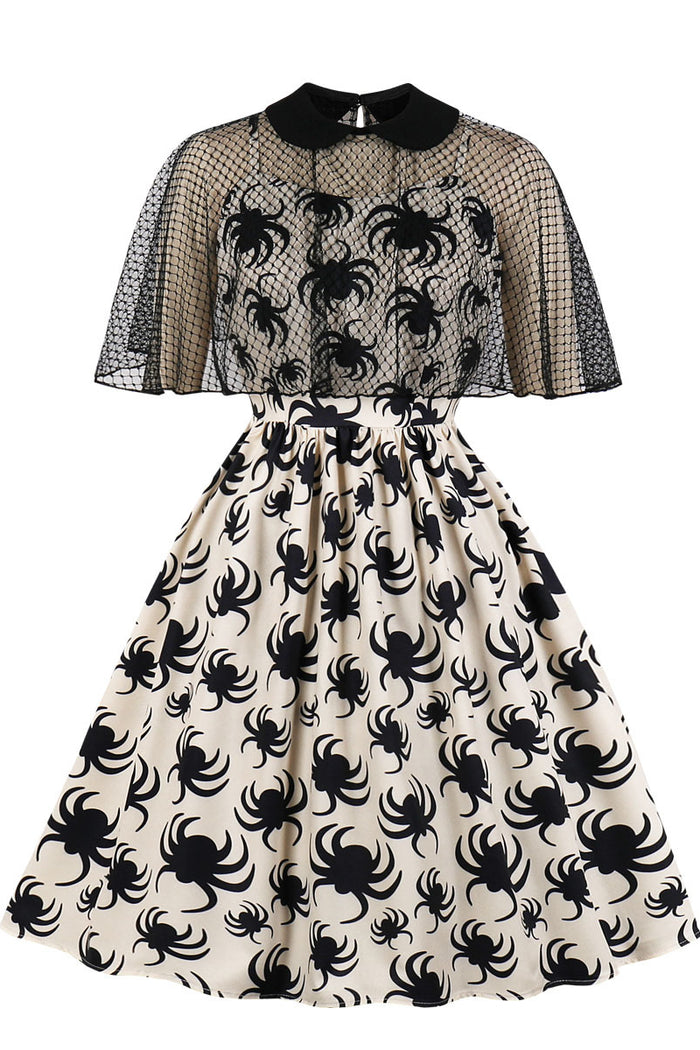 White Cape Collar A-line Spider Prints Vintage Dress