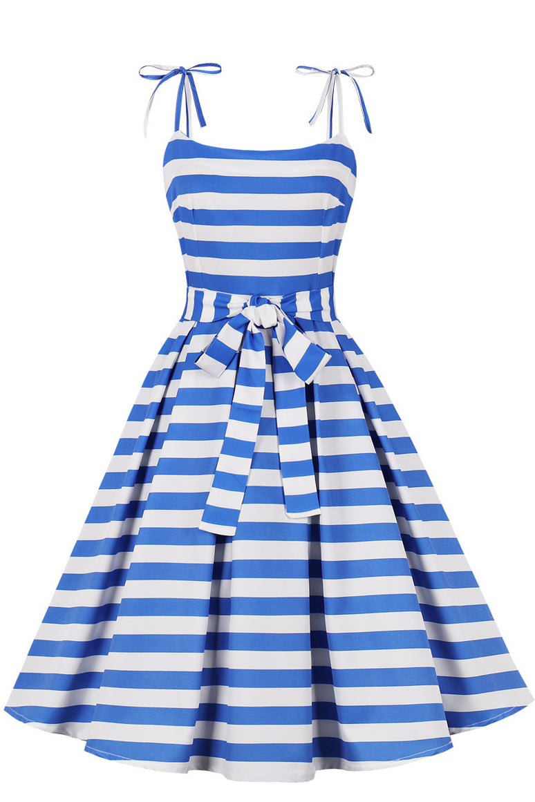 Blue Stripes Bow Tie Straps Vintage Dress
