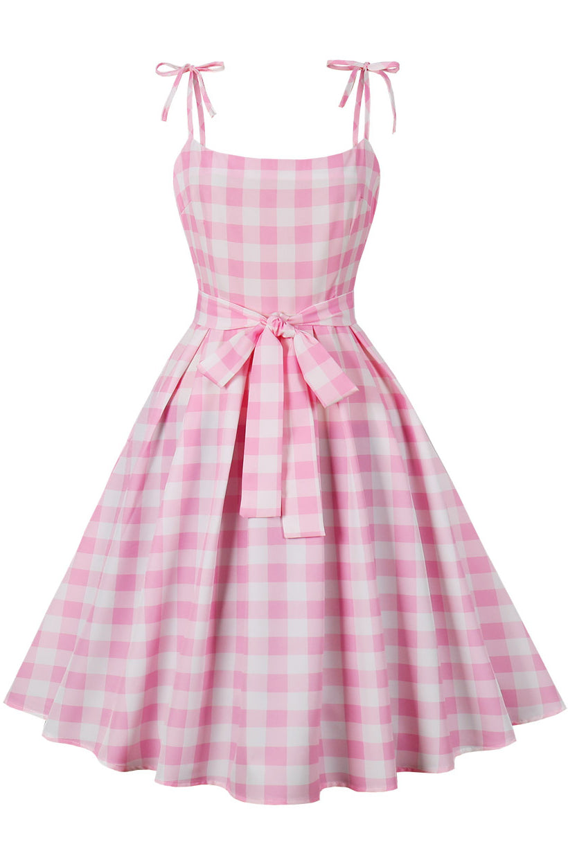 Pink Plaid Bow Tie Straps Vintage Dress