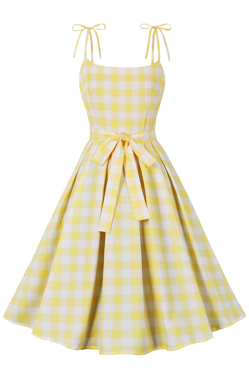 Yellow Plaid Bow Tie Straps Vintage Dress