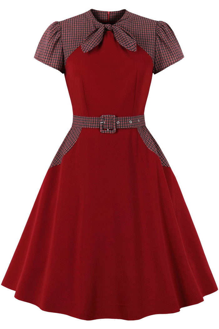 Wine Red Plaid Detail A-line Vintage Dress