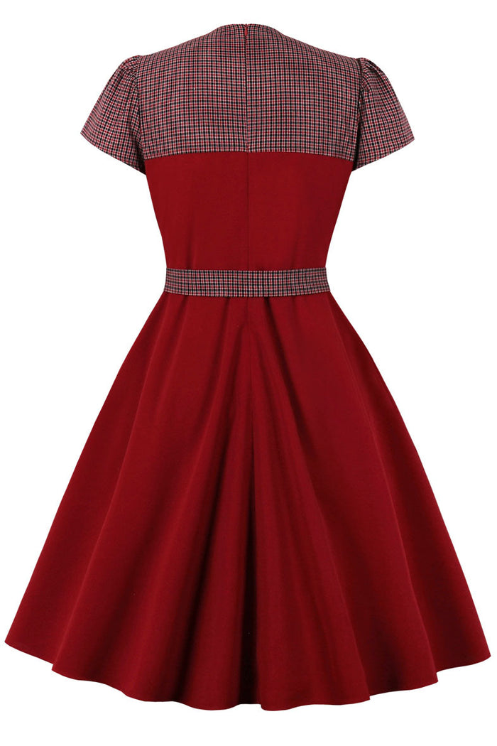 Wine Red Plaid Detail A-line Vintage Dress