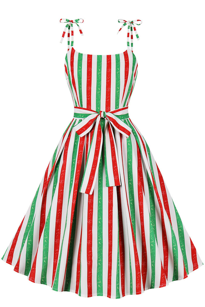 Christmas Red and Green Stripes A-line Bow Tie Straps Vintage Dress