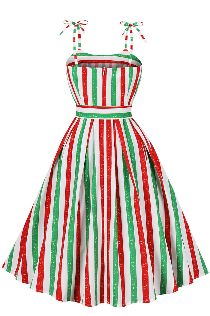 Christmas Red and Green Stripes A-line Bow Tie Straps Vintage Dress