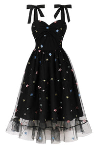 Herbene Black Prints Bow Tie Straps A-line Vintage Dress