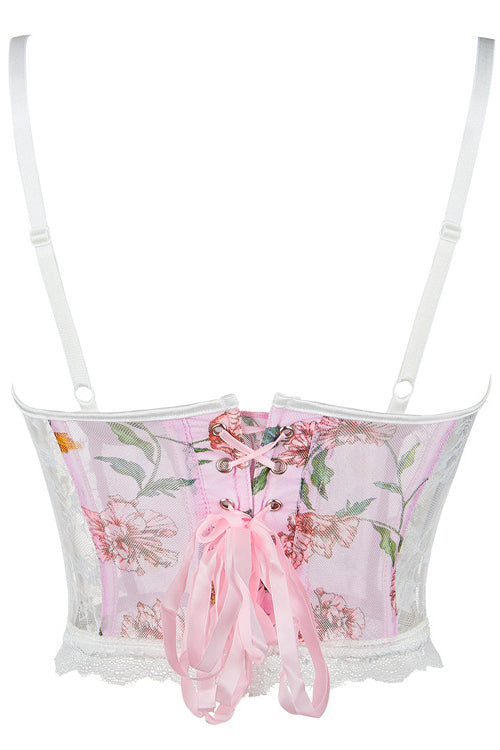 Pink Lace-Up Straps Floral Prints Laced Bustier Corset Top