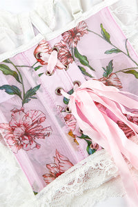 Pink Lace-Up Straps Floral Prints Laced Bustier Corset Top