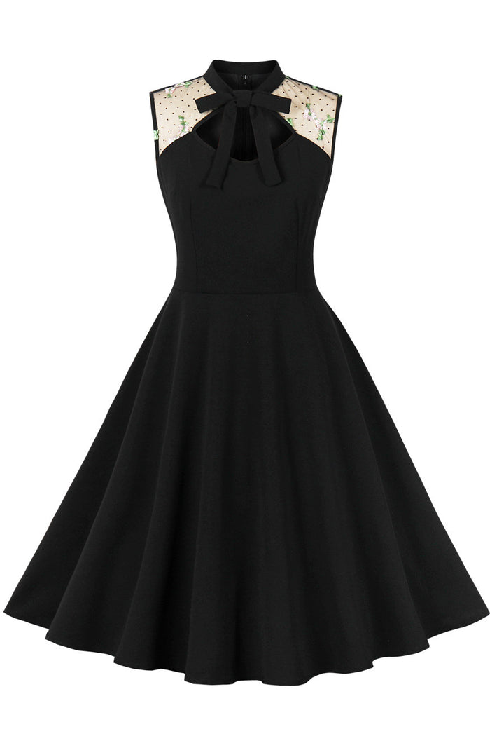 Black Sleeveless Bow Tie A-line Embroidery Vintage Dress