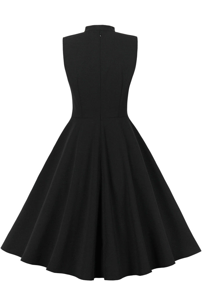 Black Sleeveless Bow Tie A-line Embroidery Vintage Dress