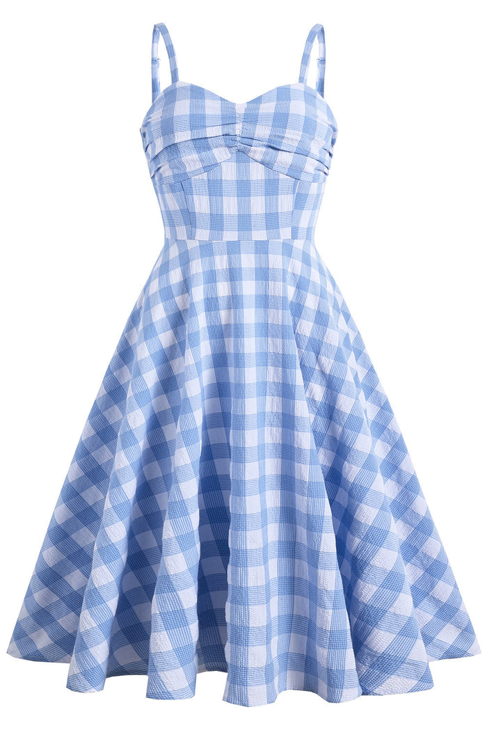 Herbene Light Blue Plaid Straps Dress