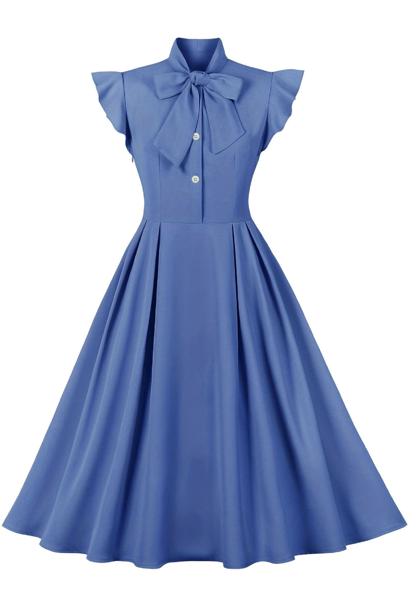 Blue Flutter Sleeves A-lie Ribbon Collar Vintage Dress