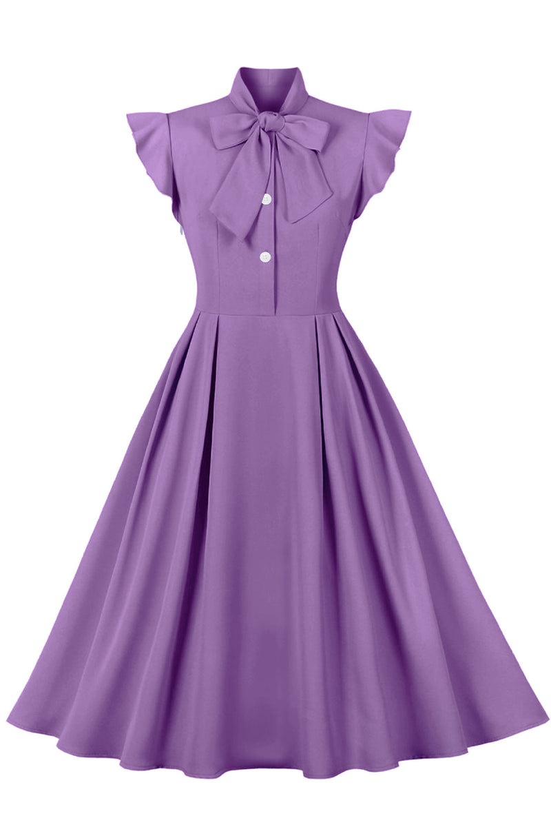 Purple Flutter Sleeves A-lie Ribbon Collar Vintage Dress