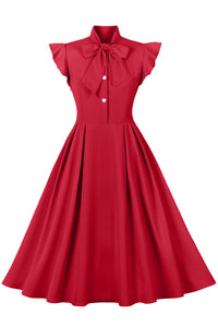 Red  Flutter Sleeves A-lie Ribbon Collar Vintage Dress