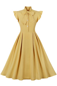 Yellow Flutter Sleeves A-lie Ribbon Collar Vintage Dress
