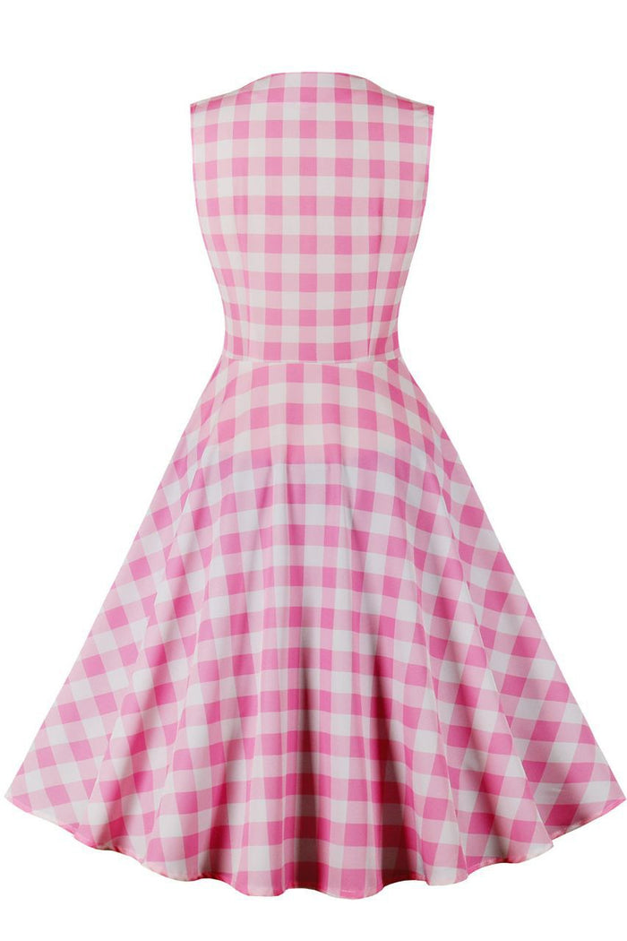 Pink Plaid Sleeveless A-line Vintage Dress