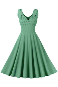 Mint Green Bow Tie Shoulder Pleated A-line Vintage Dress