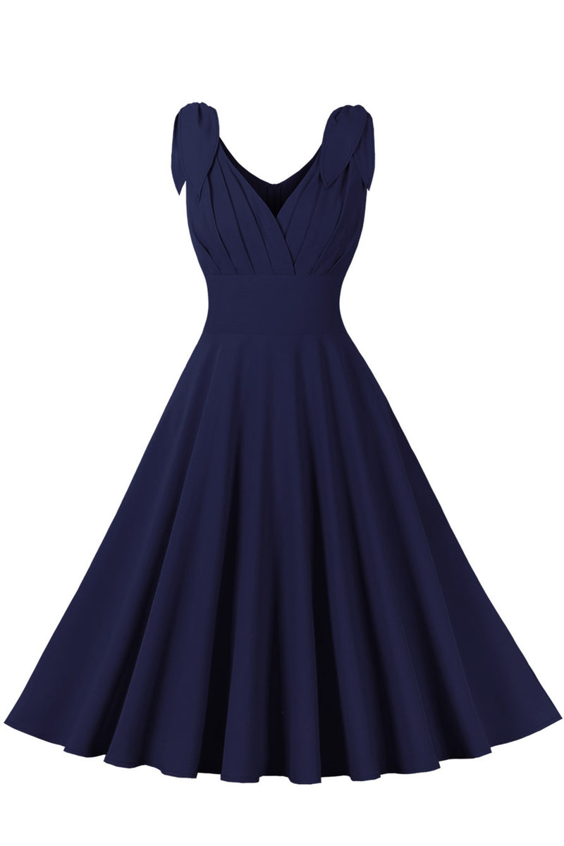 Navy Blue Bow Tie Shoulder Pleated A-line Vintage Dress