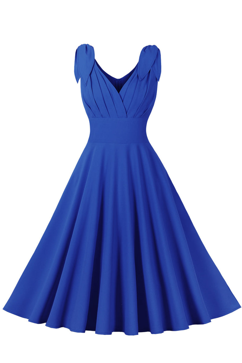 Royal Blue Bow Tie Shoulder Pleated A-line Vintage Dress