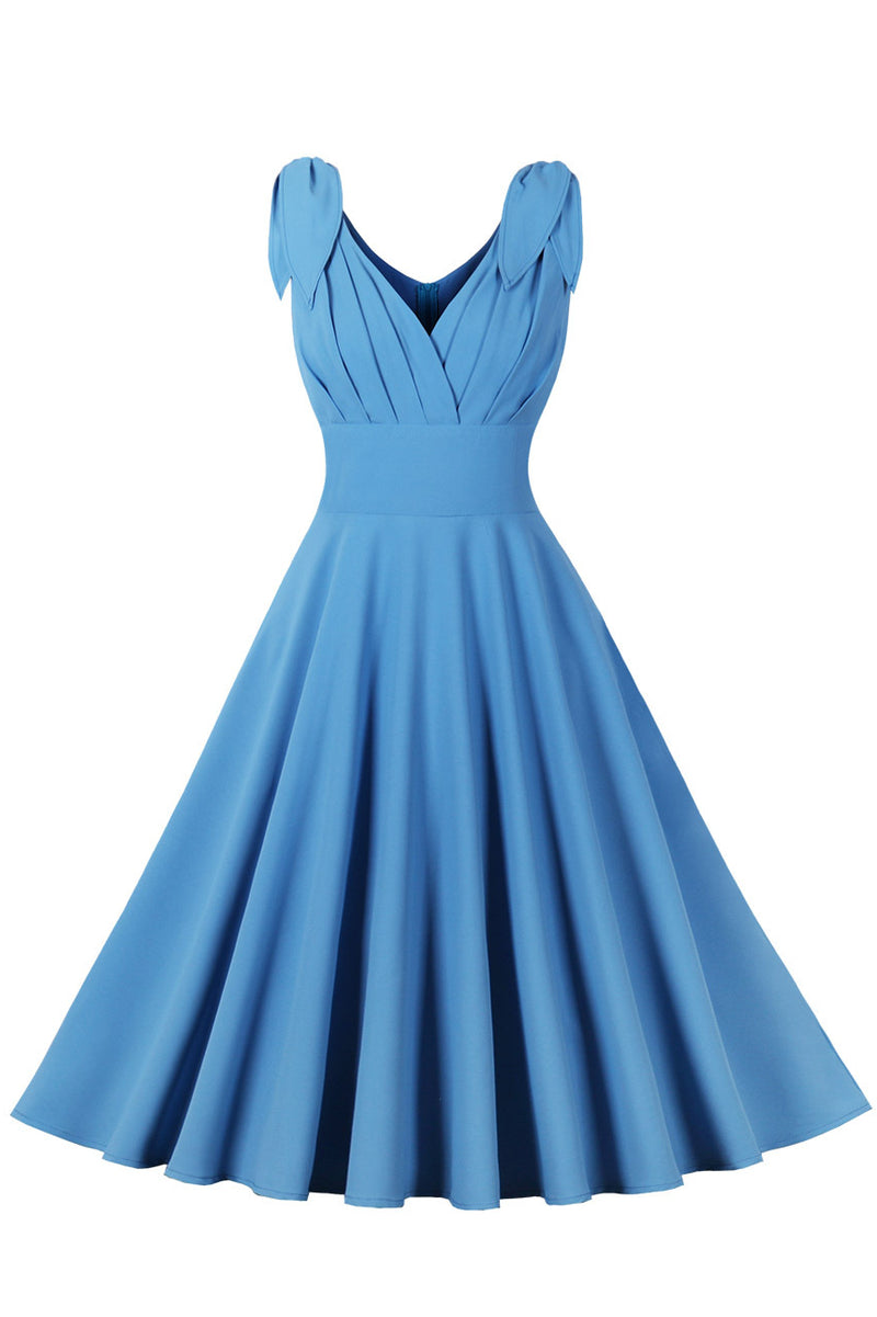 Sky Blue Bow Tie Shoulder Pleated A-line Vintage Dress