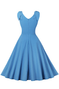 Sky Blue Bow Tie Shoulder Pleated A-line Vintage Dress