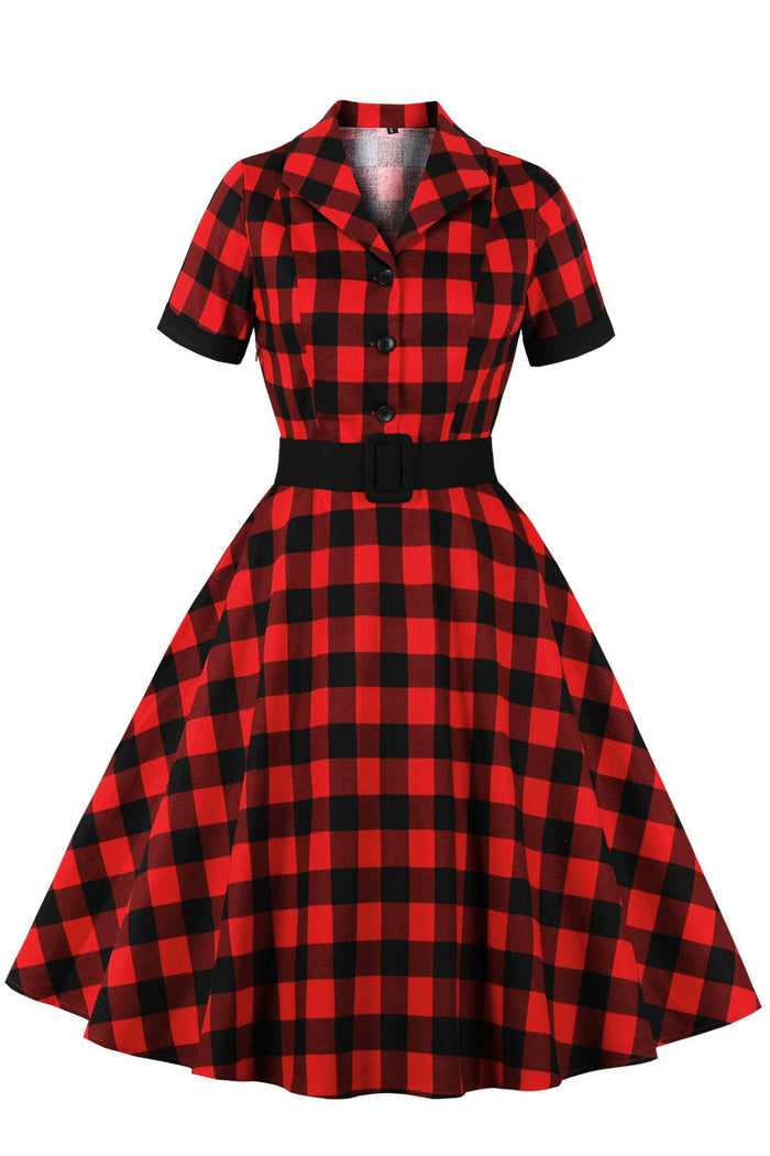 Red Lapel Plaid A-line Vintage Dress