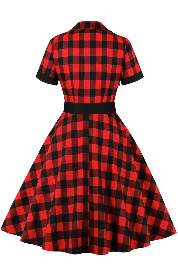 Red Lapel Plaid A-line Vintage Dress