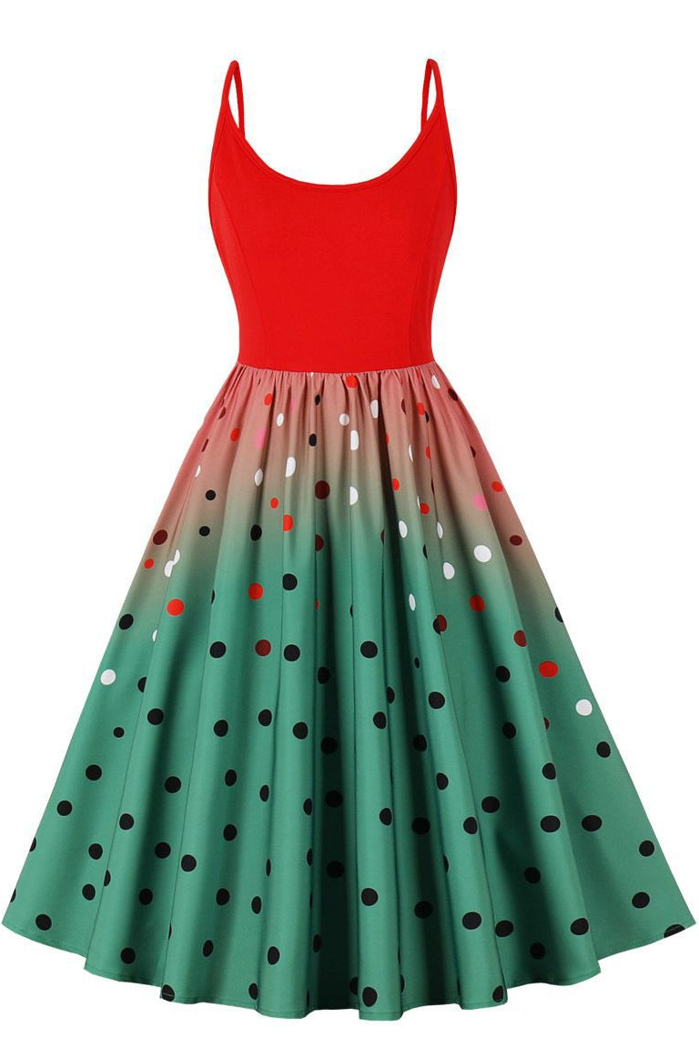 Red to Green Gradient A-line Dot Slip Vintage Dress