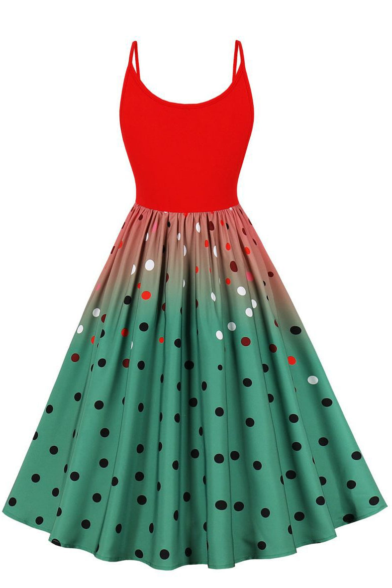 Red to Green Gradient A-line Dot Slip Vintage Dress