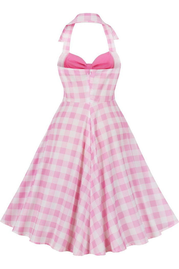 Pink Halter Plaid A-line Vintage Dress with Bow