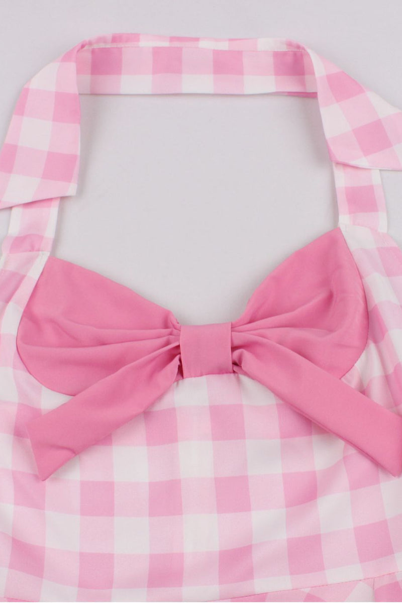 Pink Halter Plaid A-line Vintage Dress with Bow