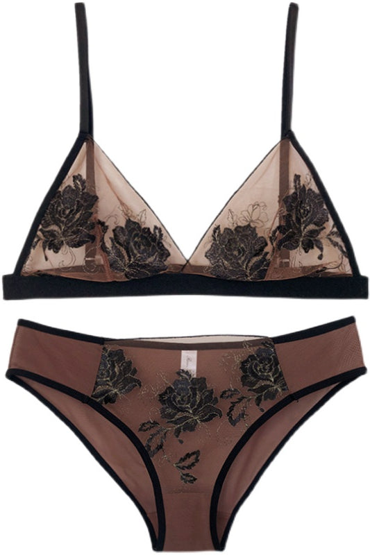 Coffee Floral Embroidery Illusion Lingerie