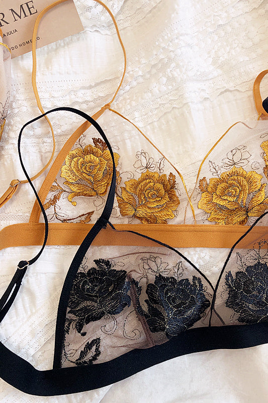 Coffee & Yellow Floral Embroidery Illusion Lingerie