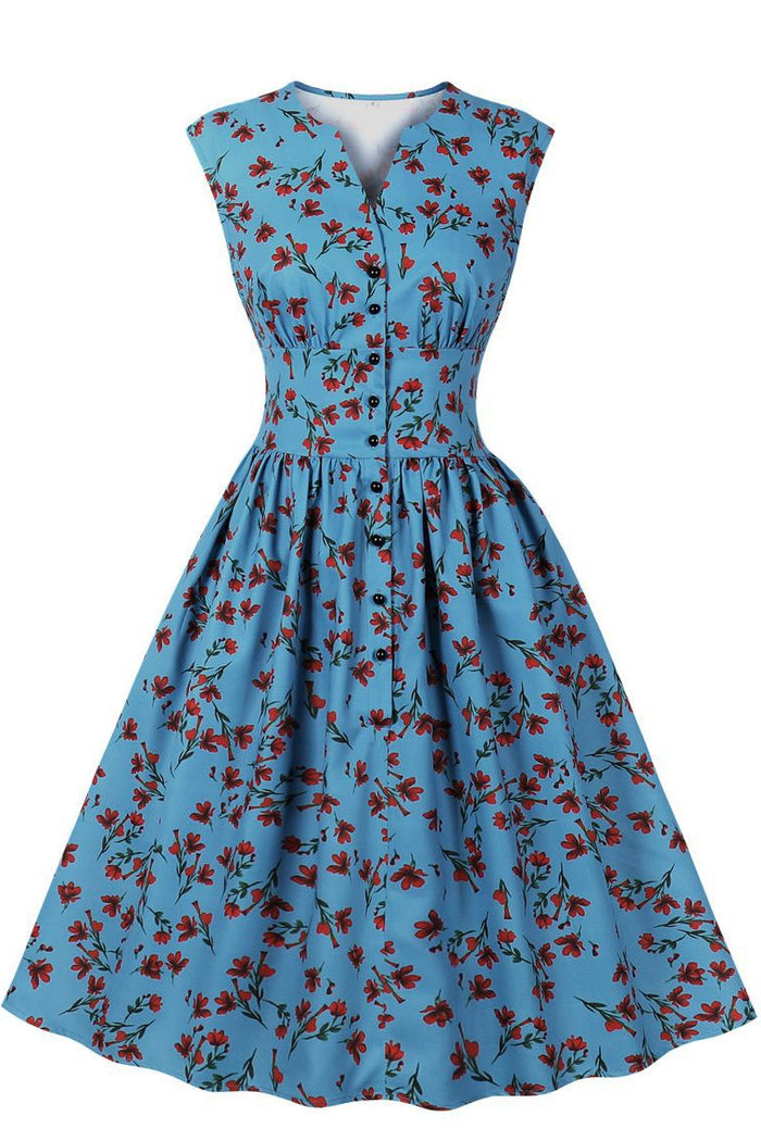Herbene Blue Sleeves Flowers A-line Vintage Dress
