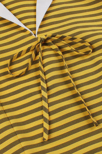 Herbene Yellow Stripes A-line Lapel Vintage Dress