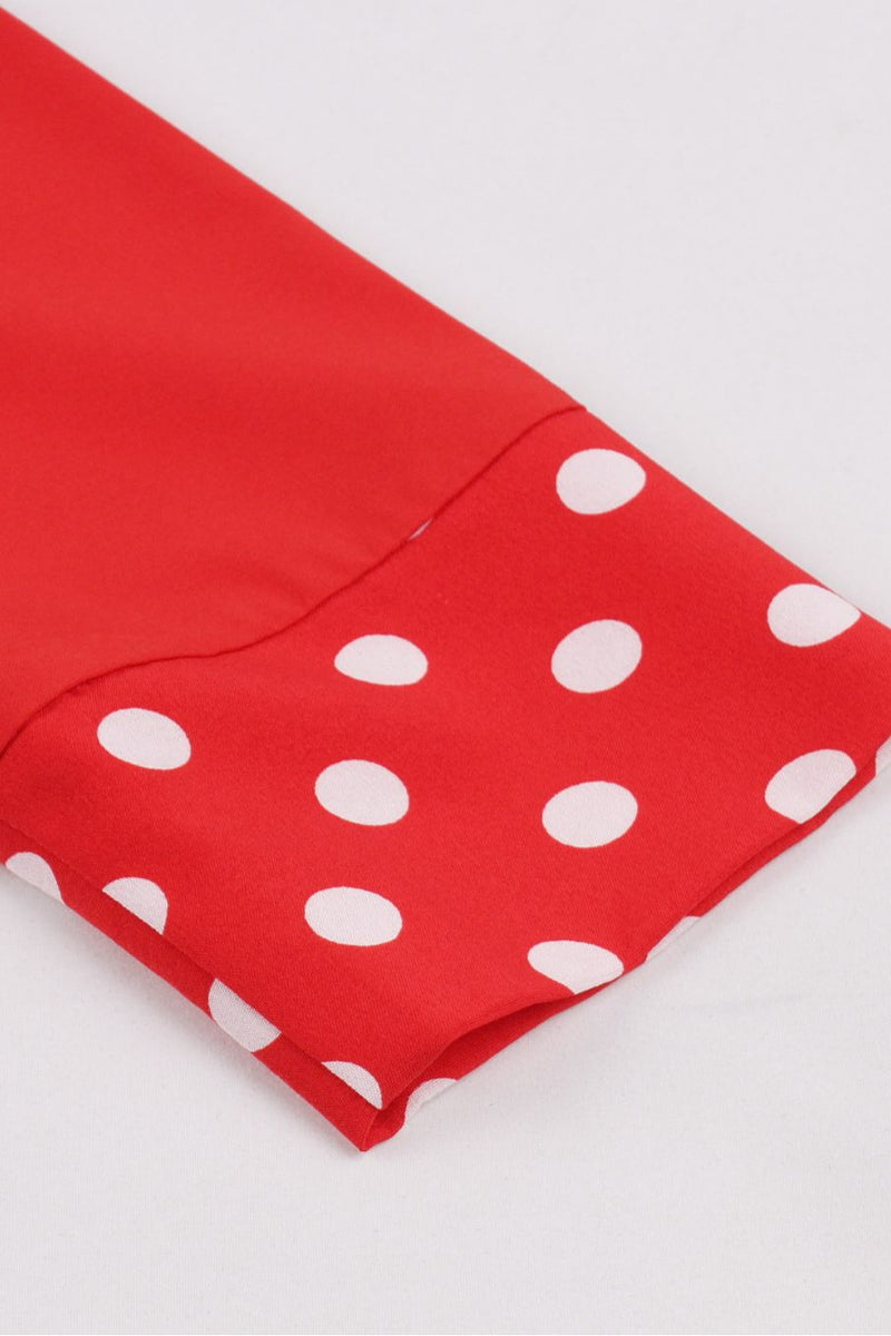 Red Dotted Top Long Sleeves A-line Bow Sash Vintage Dress