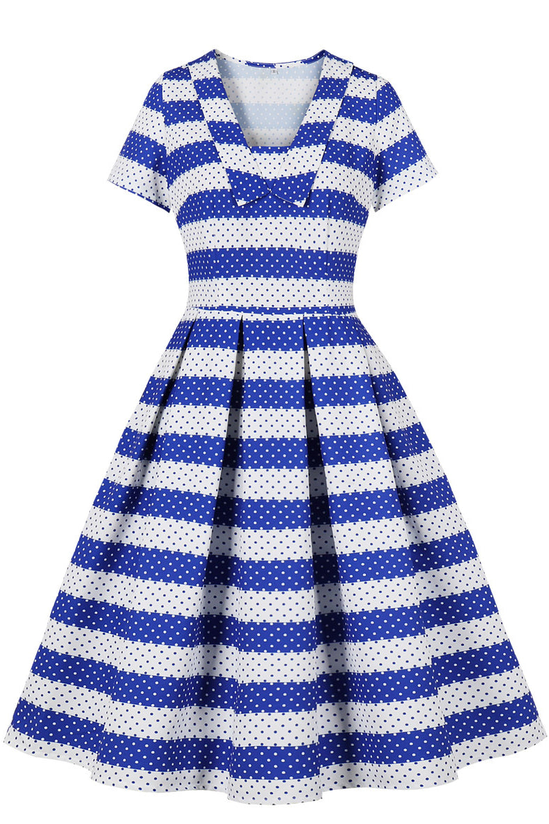 Blue and White Stripes Dot A-line Vintage Dress