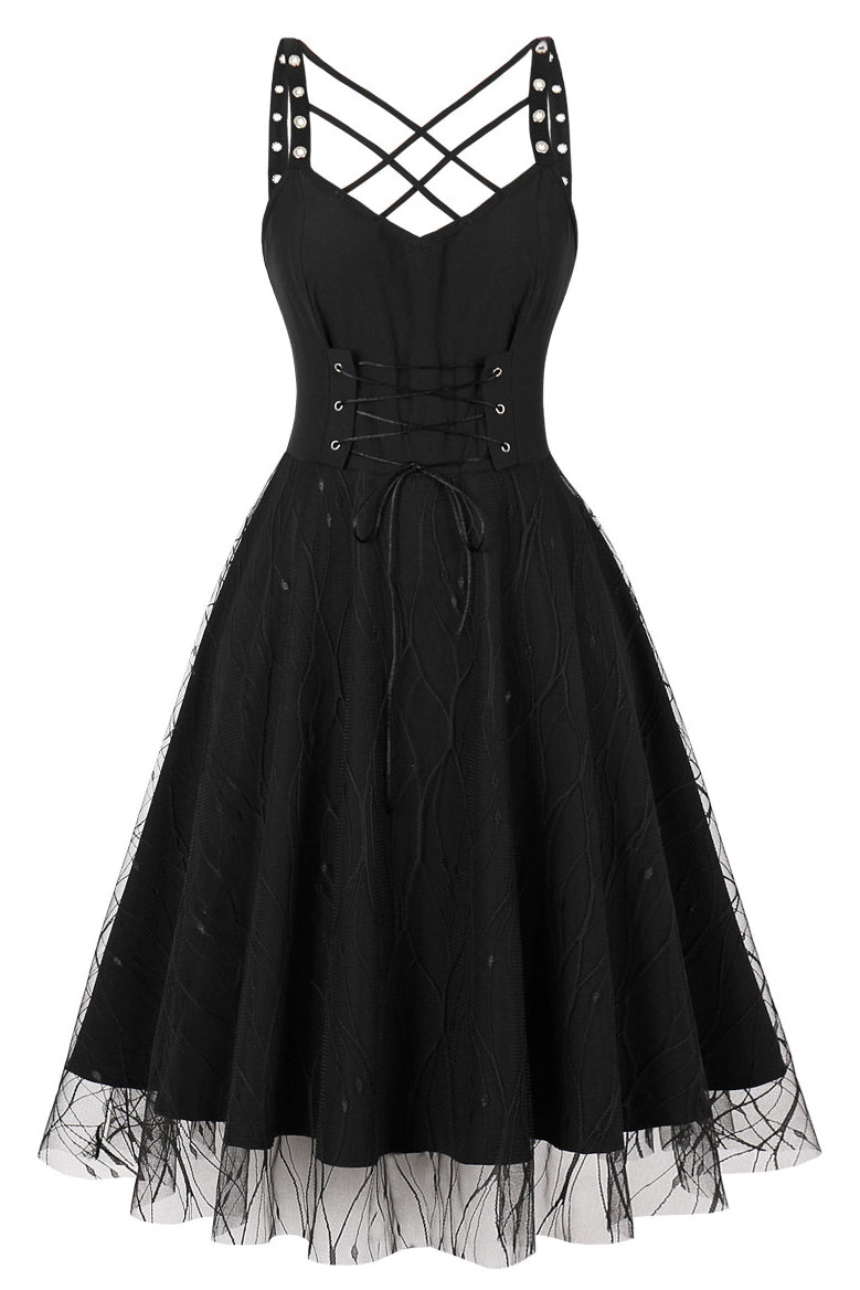 Black Lace-Up A-line Vintage Dress