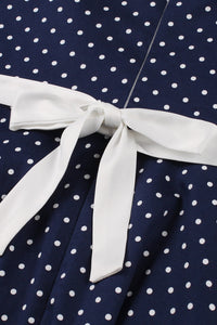 Navy Blue Dot A-line Vintage Dress with Bow