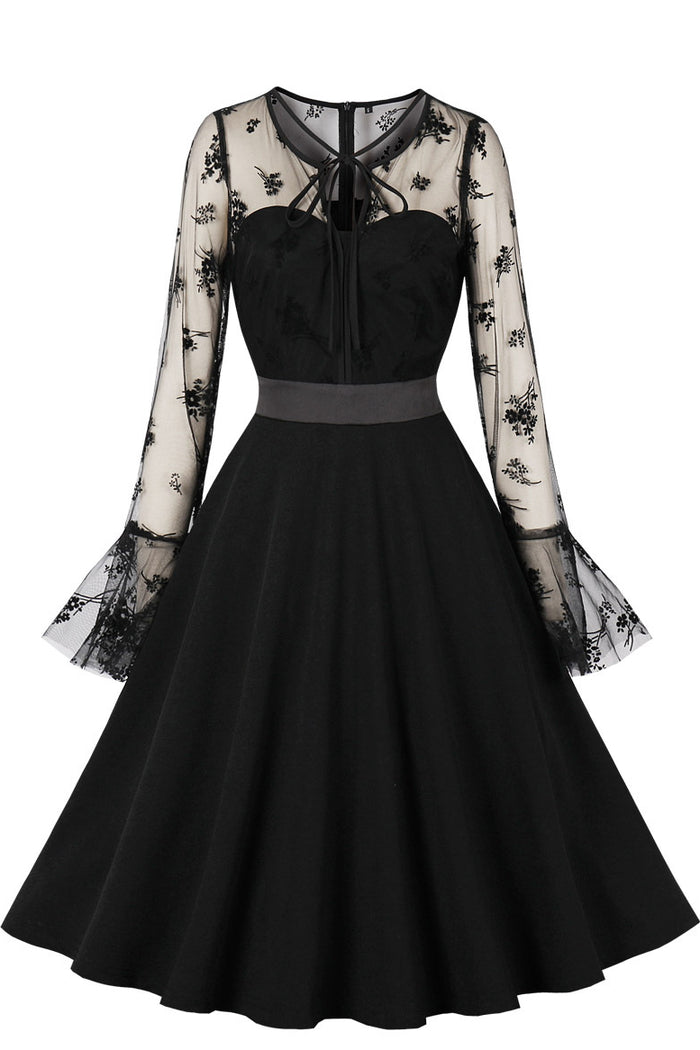 Black Floral Bell Sleeves A-line Vintage Dress