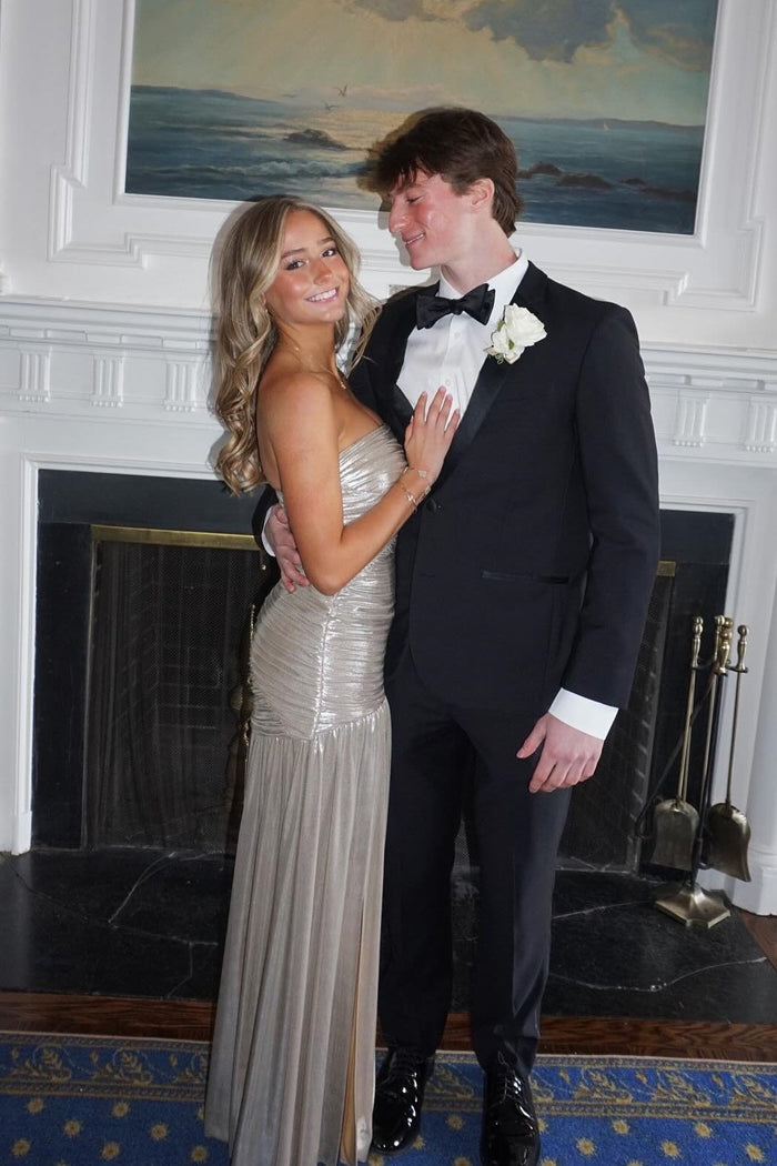 Strapless Metallic Silver Pleated Long Dress