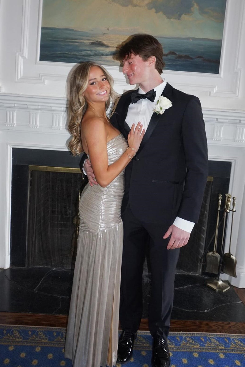 Strapless Metallic Silver Pleated Long Dress