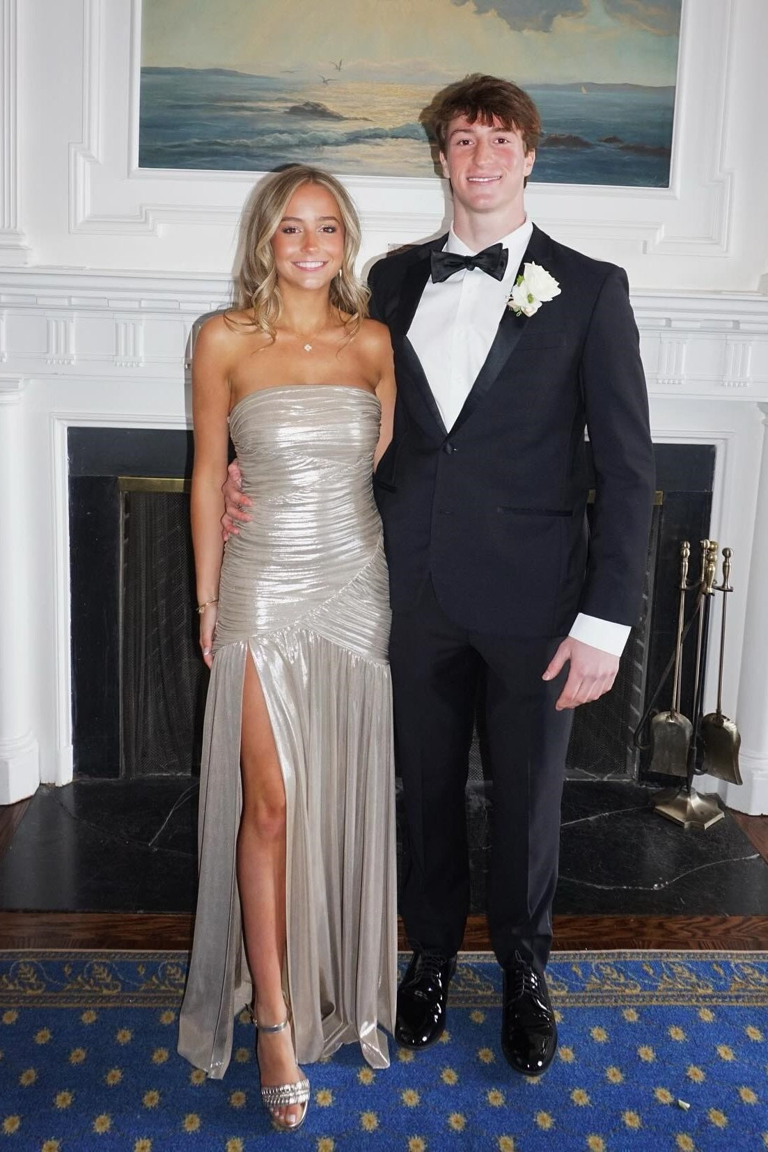 Strapless Metallic Silver Pleated Long Dress